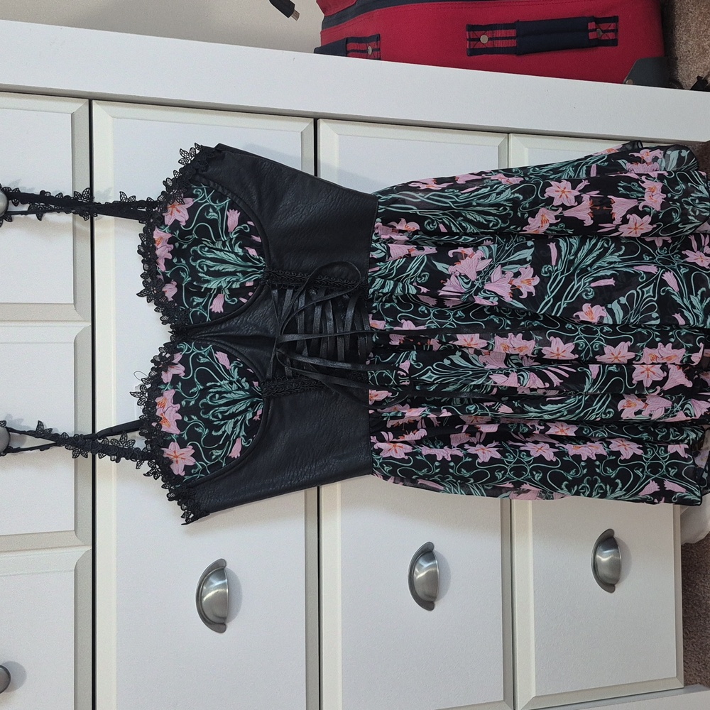 Dolls Kill Black and Pink Floral Corset Mini Dress Size Medium NWT